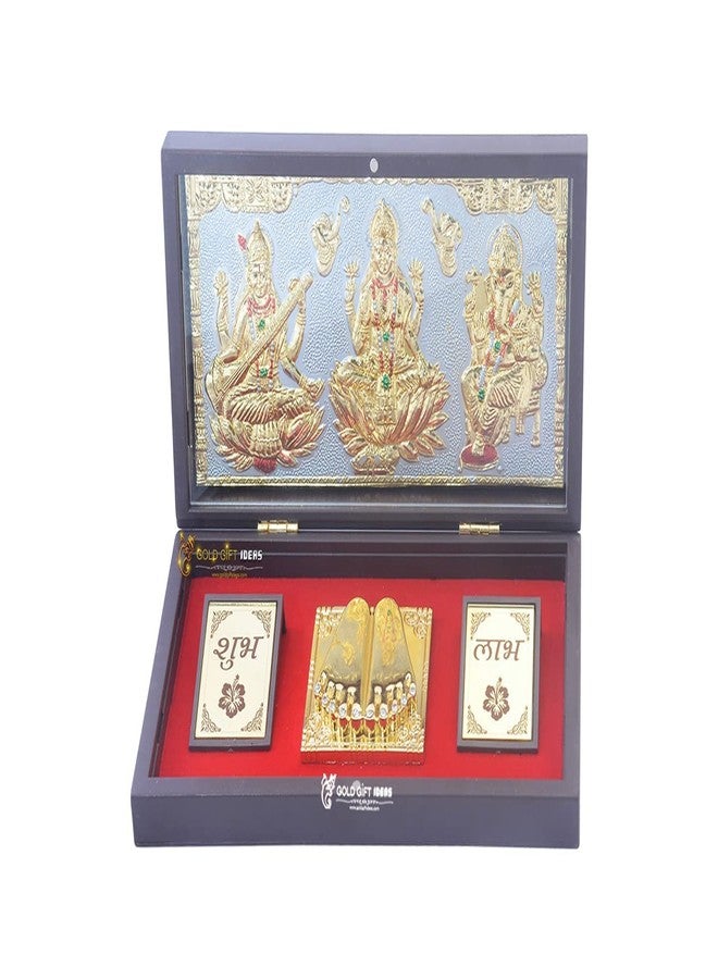 GoldGiftIdeas إطار صور GoldGiftIdeas مطلي بالذهب عيار 24 قيراط لاكشمي غانيشا ساراسواتي مع صندوق شاران بادوكا، مومنتو خشبي من LGS كهدية إرجاع (نحت Shubh Labh)، هدايا الانتقال لمنزل جديد - Image 1